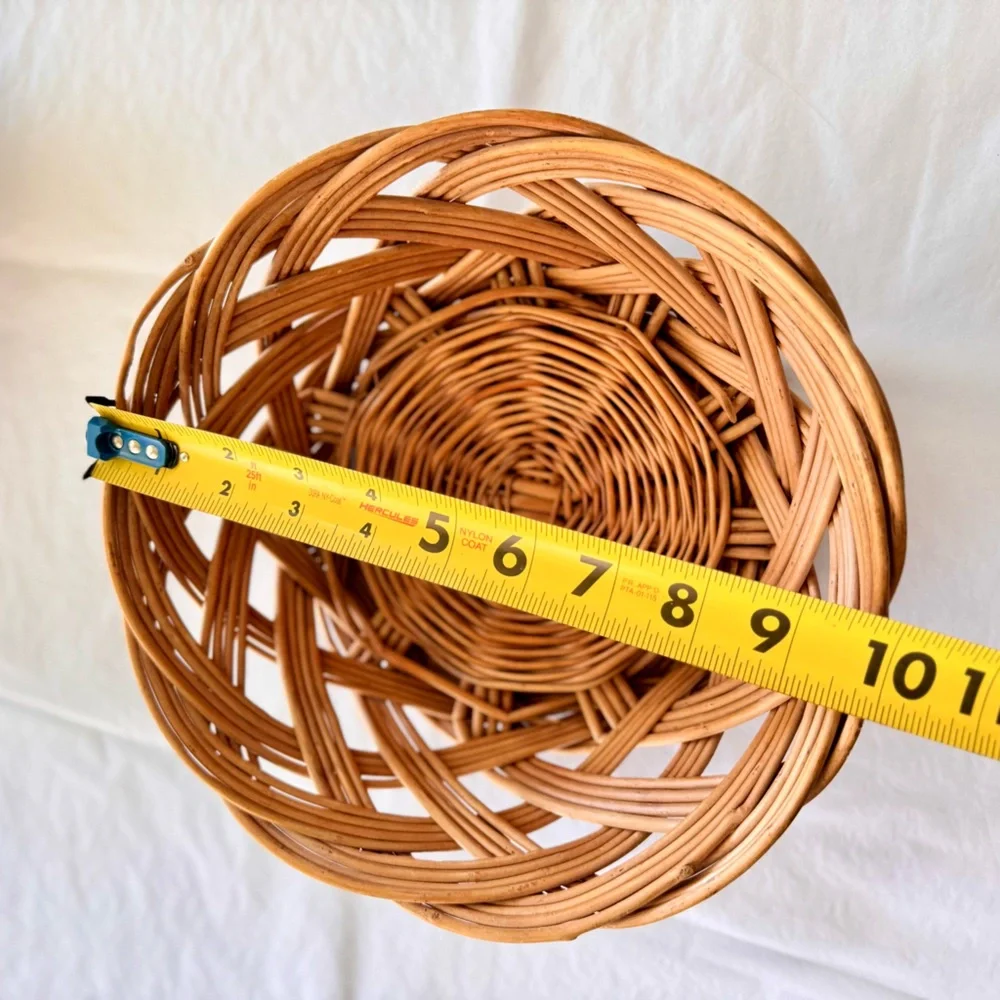 10” Vintage Wooden Tan Woven Basket Rustic Bohemian Bread & Fruit Bowl Basket
